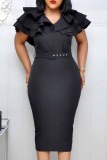 Black Fashion Elegant Solid Split Joint V Neck Pencil Skirt Dresses