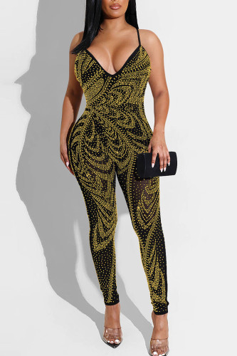 Gold Sexy Solid Patchwork Hot Drill Spaghetti Strap Regular Jumpsuits