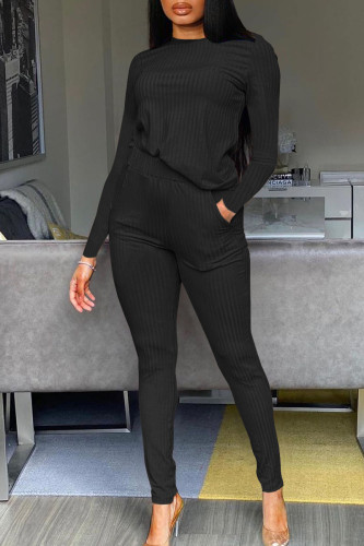 Black Casual Solid Patchwork O Neck Long Sleeve Two Pieces