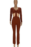 Coffee Sexy Solid Hollowed Out Patchwork V Neck Regular Jumpsuits