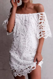 White Sweet Solid Hollowed Out Patchwork Off the Shoulder Straight Dresses