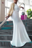 ホワイトファッションセクシーパッチワークバックレスOネックイブニングドレス
