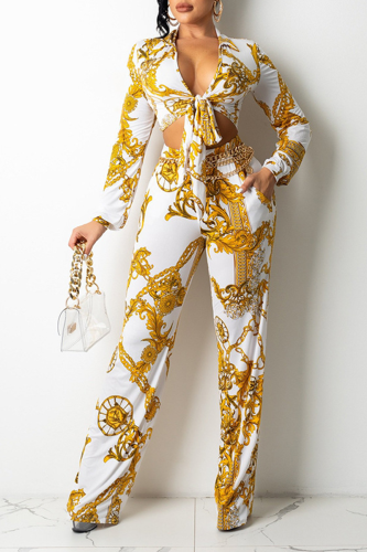 White Sexy Print Patchwork V Neck Long Sleeve Two Pieces