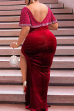Vestido de noite vermelho fashion sexy plus size com fenda e decote em v