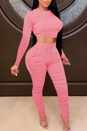 Pink Casual Solid Patchwork Fold O Neck Long Sleeve Two Pieces