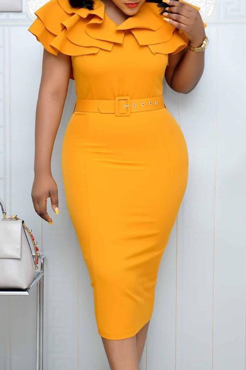 

Yellow Fashion Elegant Solid Split Joint V Neck Pencil Skirt Dresses