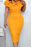 Yellow Fashion Elegant Solid Split Joint V Neck Pencil Skirt Dresses