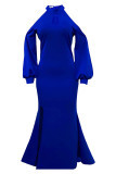 Blue Fashion Elegant Solid Patchwork Halter One Step Skirt Dresses
