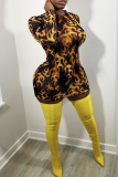 Robes de jupe crayon à col rond en patchwork imprimé sexy doré