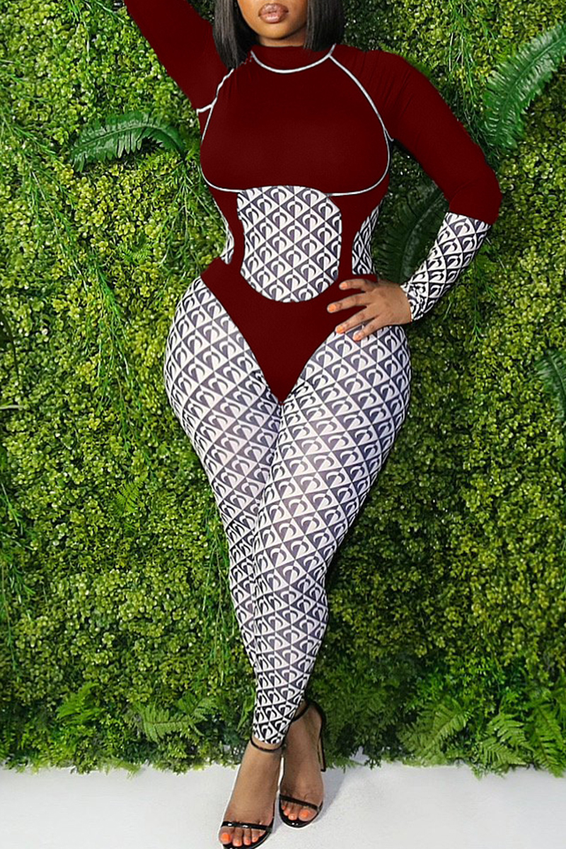

Burgundy Fashion Casual Print Split Joint Half A Turtleneck Regular Jumpsuits