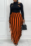 Black Brown Fashion Casual Striped Print Tassel Patchwork Regular High Waist Skirt