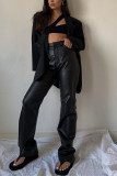 Pantalones rectos de cintura alta sólidos casuales de moda negro