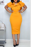 Yellow Fashion Elegant Solid Patchwork V Neck Pencil Skirt Dresses