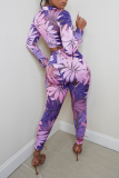 Pink Sexy Print Bandage Turndown Collar Long Sleeve Two Pieces