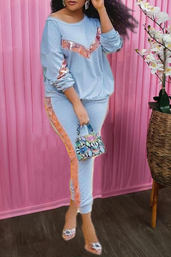 Blue Casual Solid Sequins O Neck Long Sleeve Two Pieces