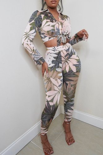 Apricot Sexy Print Bandage Turndown Collar Long Sleeve Two Pieces