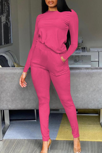 Rose Red Casual Solid Patchwork O Neck Long Sleeve Two Pieces