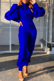 ブルー ファッション カジュアル ソリッド パッチワーク フォールド タートルネック 長袖 ツーピース