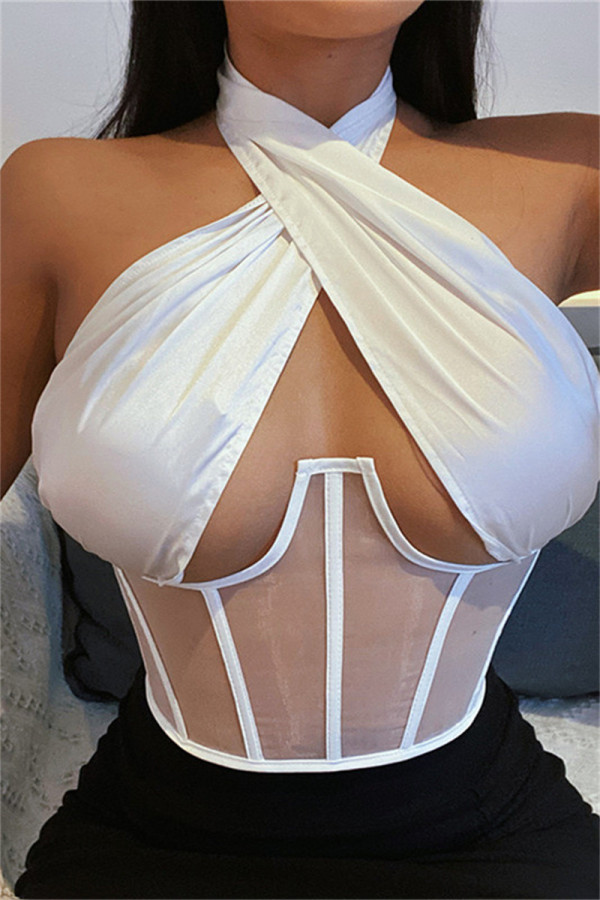 Witte Mode Sexy Patchwork Bandage Backless Halter Tops