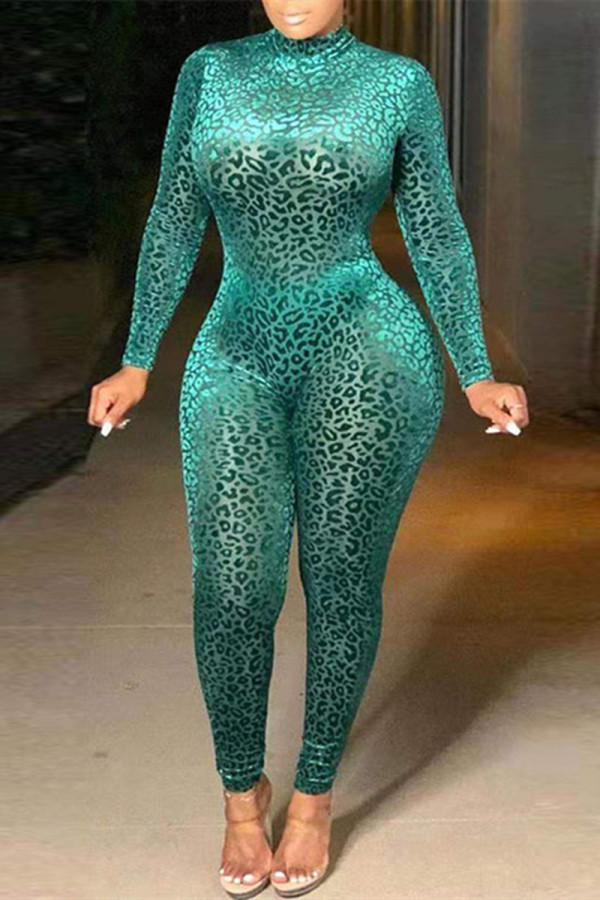 Macacão verde moda casual estampa de leopardo com gola alta tamanho grande