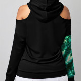 Green Casual Street Print Patchwork Without Belt Hooded Collar Tops