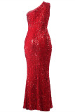 Röd mode sexigt lapptäcke ihåliga paljetter en axel aftonklänning