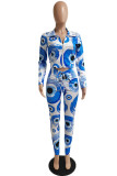 Blue White Fashion Casual Print Patchwork Turndown Collar Long Sleeve Two Pieces