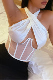 Zwarte Mode Sexy Patchwork Bandage Backless Halter Tops