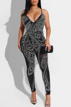 Black Sexy Solid Patchwork Hot Drill Spaghetti Strap Regular Jumpsuits