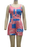 Pink Sexy Print Patchwork V Neck Straight Rompers