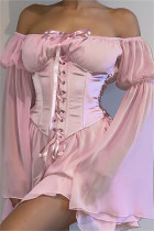 Mode rose sexy bandage solide dos nu hors de l'épaule robe à manches longues deux pièces