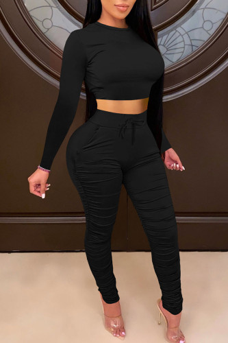 Black Casual Solid Patchwork Fold O Neck Long Sleeve Two Pieces