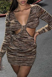 Brownness Moda Casual Estampado Ahuecado Escote en V Una línea de vestidos