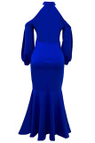 Blue Fashion Elegant Solid Patchwork Halter One Step Skirt Dresses