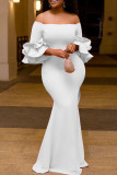 ホワイト ファッション セレブリティ ソリッド パッチワーク オフショルダー ペンシル スカート ドレス