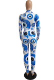 Сине-белый модный повседневный принт в стиле пэчворк с отложным воротником и длинным рукавом из двух частей