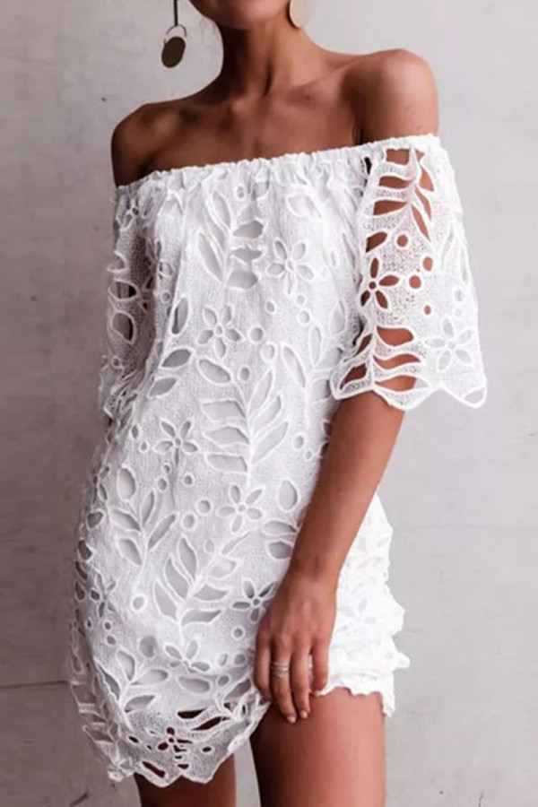 White Sweet Solid Hollowed Out Patchwork Off the Shoulder Straight Dresses