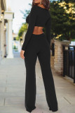 Coffee Sexy Solid Hollowed Out Patchwork V Neck Regular Jumpsuits