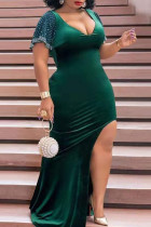 Grüne Mode Sexy Plus Size Hot Drilling Slit V-Ausschnitt Abendkleid