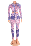 Apricot Sexy Print Bandage Turndown Collar Long Sleeve Two Pieces
