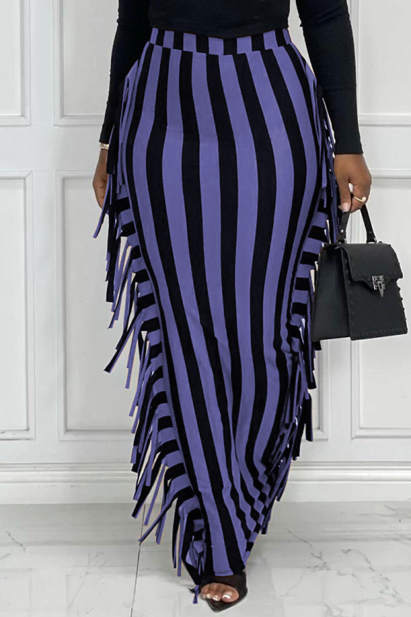 黒紫ファッションカジュアルストライププリントタッセルパッチワークレギュラーハイウエストスカート