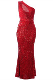 Red Fashion Sexy Patchwork Hollowed Out Sequins One Shoulder Evening Dress