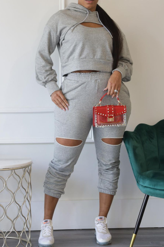 Grey Casual Hooded Collar Long Sleeve Crop Sweatshirt And Skinny Pants Sportwear Two Pieces Jogger Sets