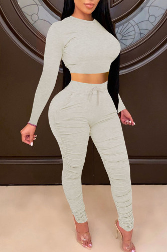Light Gray Casual Solid Patchwork Fold O Neck Long Sleeve Two Pieces