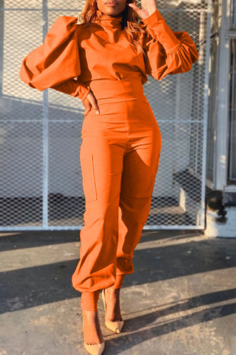 Tangerine Red Fashion Casual Solid Patchwork Fold Turtleneck Long Sleeve Two Pieces