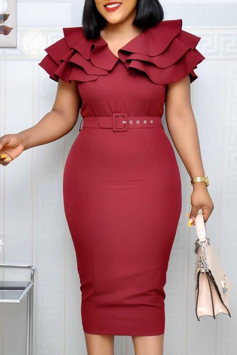 

Burgundy Fashion Elegant Solid Split Joint V Neck Pencil Skirt Dresses