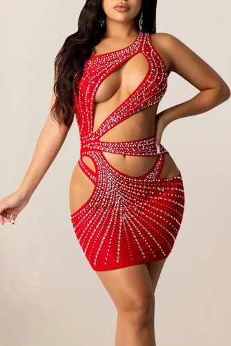 Red Sexy Solid Hollowed Out Patchwork Asymmetrical Hot Drill Oblique Collar One Step Skirt Dresses