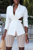 Weiße Fashion Street Solid Patchwork Oberbekleidung mit V-Ausschnitt
