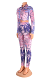 Blue Sexy Print Bandage Turndown Collar Long Sleeve Two Pieces