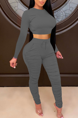Dark Gray Casual Solid Patchwork Fold O Neck Long Sleeve Two Pieces